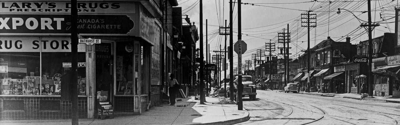 Archival Toronto black and white photo of Bathurst St. and Dundas St. W. taken on June 26, 1953.