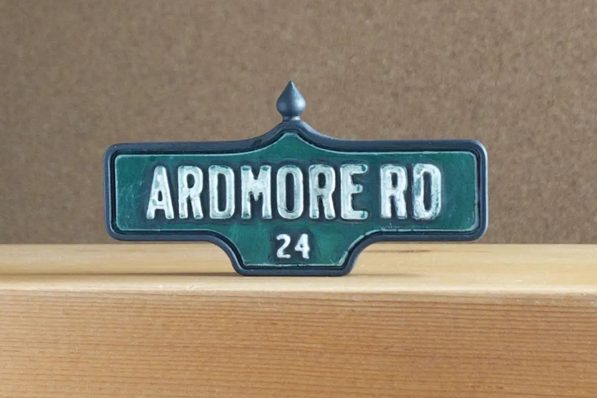 Front view of Ardmore Rd. #24 Magnet - Weathered Finish, miniature replica Toronto Forest Hill acorn street sign