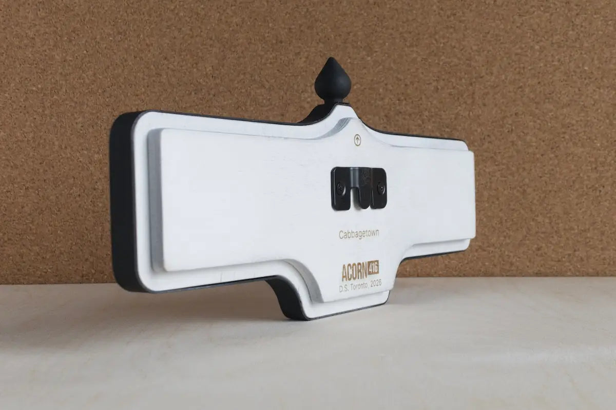 Angled back view of Cabbagetown Wall Sign - Standard Finish, wall-mounted replica Toronto acorn neighbourhood sign