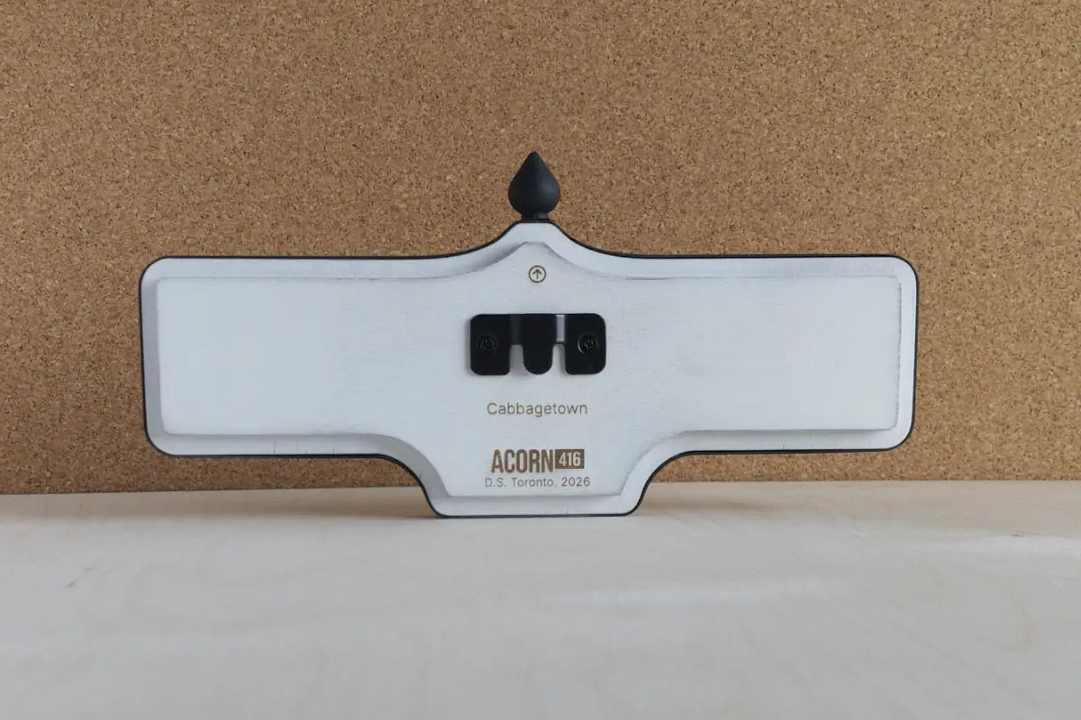 Back view of Cabbagetown Wall Sign - Standard Finish, wall-mounted replica Toronto acorn neighbourhood sign