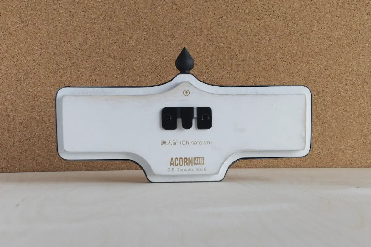 Back view of 唐人街 (Chinatown) Wall Sign - Standard Finish, wall-mounted replica Toronto acorn neighbourhood sign