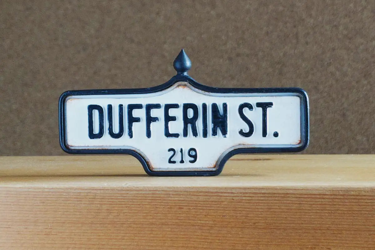 Back view of Dufferin St. #219 - Weathered Finish, miniature replica Toronto acorn street sign