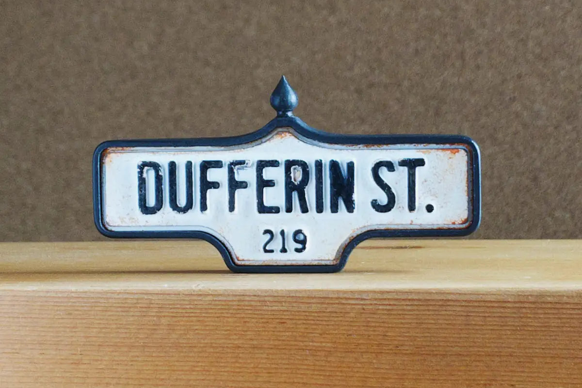 Front view of Dufferin St. #219 - Weathered Finish, miniature replica Toronto acorn street sign