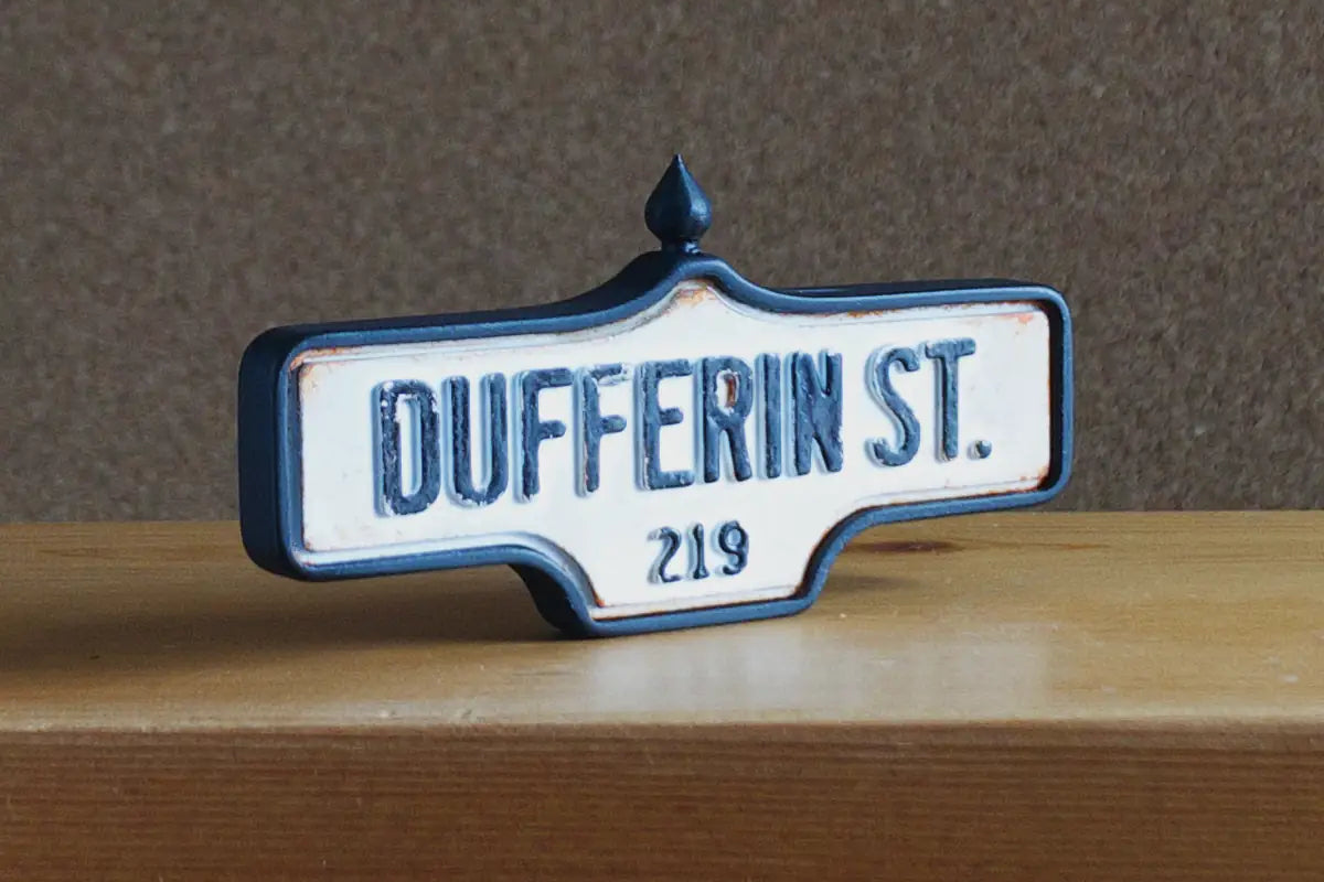 3/4 view of Dufferin St. #219 - Weathered Finish, miniature replica Toronto acorn street sign
