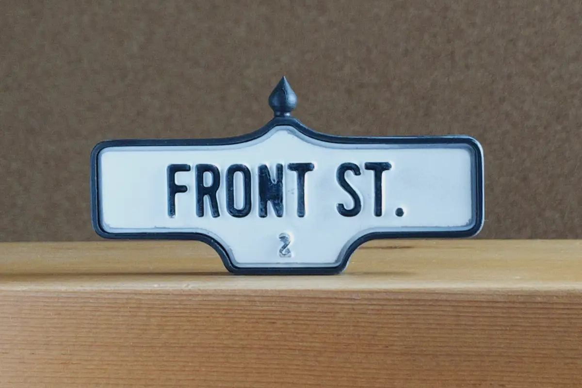 Back view of Front St. #2 - Weathered Finish, miniature replica Toronto acorn street sign
