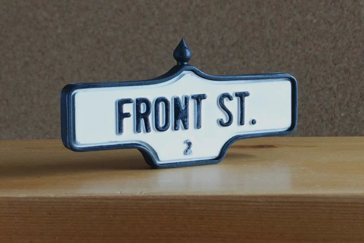 3/4 view of Front St. #2 - Weathered Finish, miniature replica Toronto acorn street sign