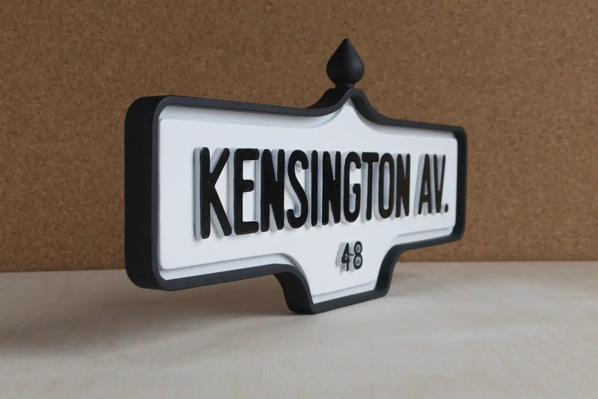 Angled front view of Kensington Av. #48 Wall Sign - Standard Finish, wall-mounted replica Toronto acorn street sign