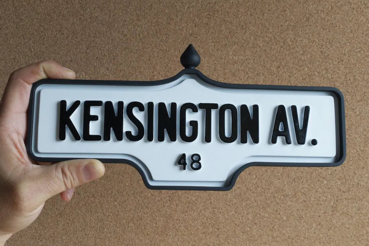 In-hand view of Kensington Av. #48 Wall Sign - Standard Finish, wall-mounted replica Toronto acorn street sign