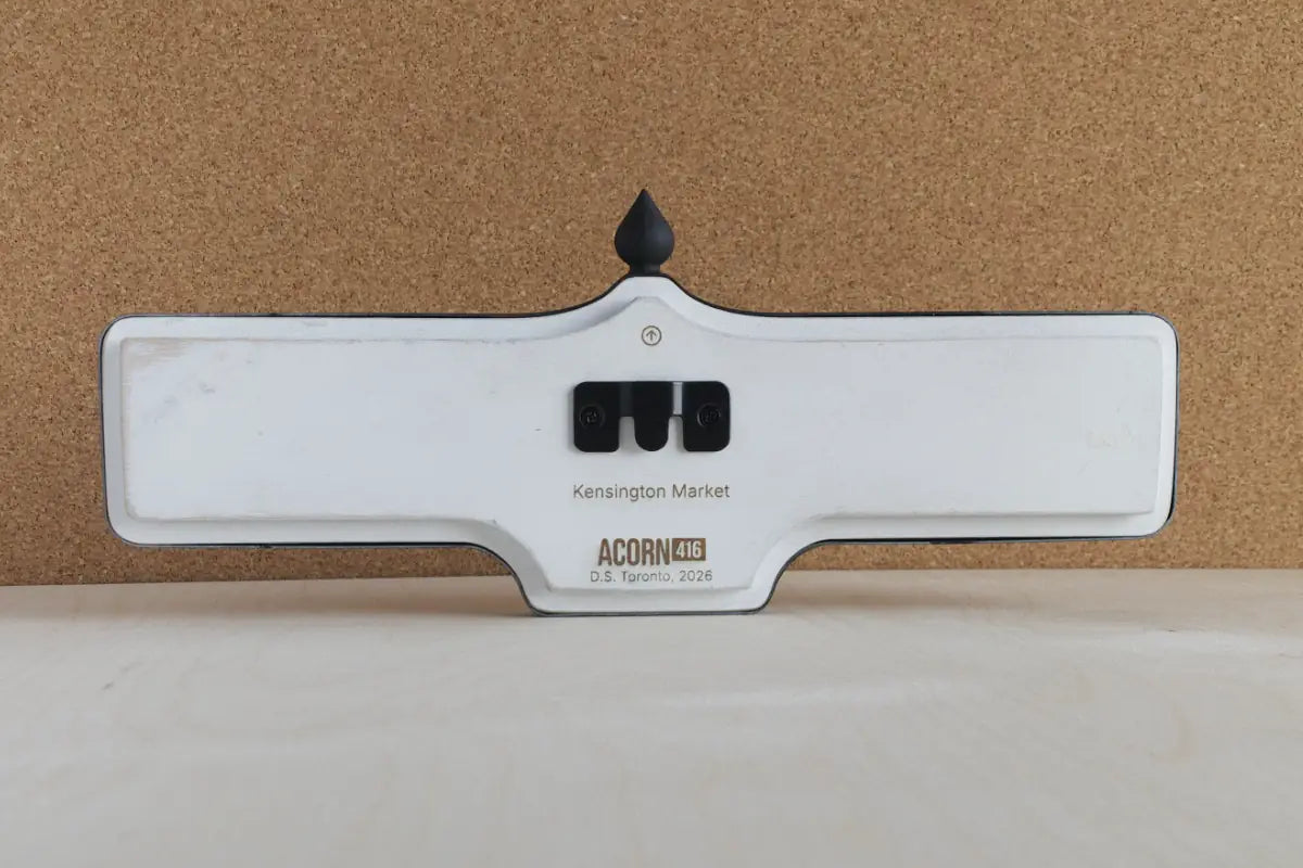 Back view of Kensington Market Wall Sign - Standard Finish, wall-mounted replica Toronto acorn neighbourhood sign