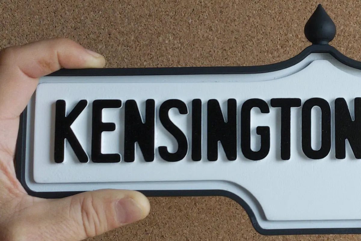 In-hand view of Kensington Market Wall Sign - Standard Finish, wall-mounted replica Toronto acorn neighbourhood sign