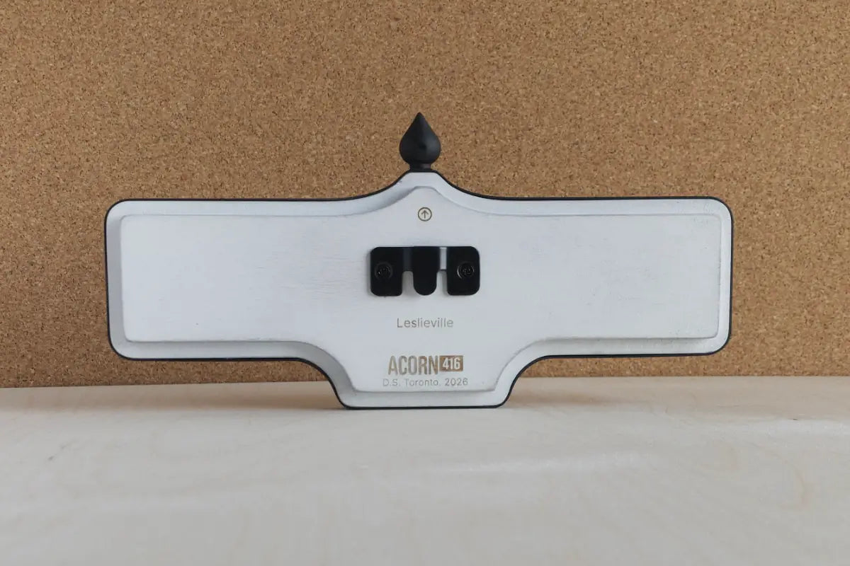 Back view of Leslieville Wall Sign - Standard Finish, wall-mounted replica Toronto acorn neighbourhood sign