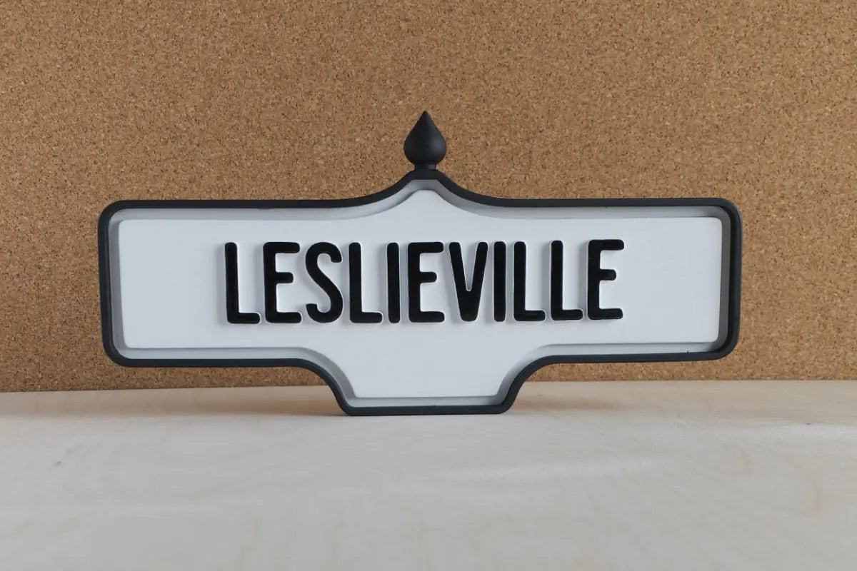 Front view of Leslieville Wall Sign - Standard Finish, wall-mounted replica Toronto acorn neighbourhood sign