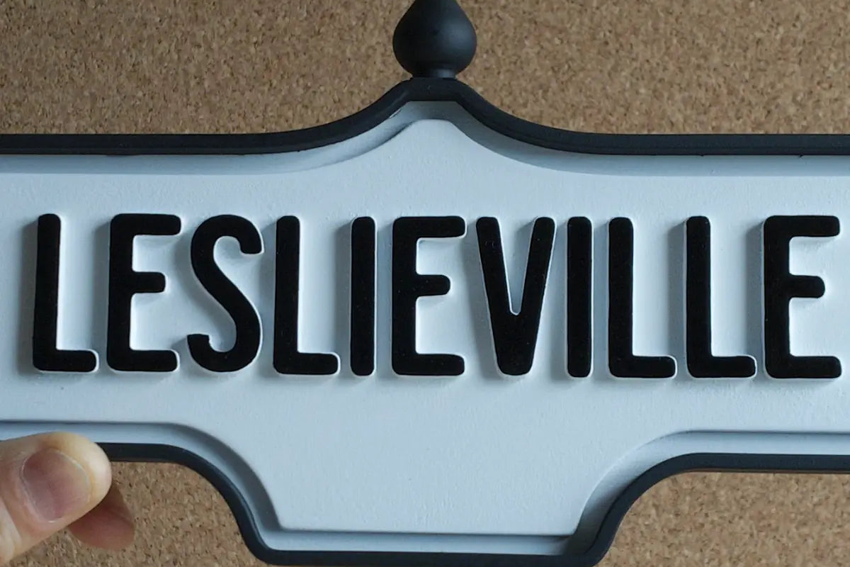 In-hand view of Leslieville Wall Sign - Standard Finish, wall-mounted replica Toronto acorn neighbourhood sign