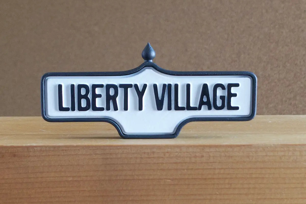 Back view of Liberty Village - Standard Finish, miniature replica Toronto neighbourhood acorn street sign