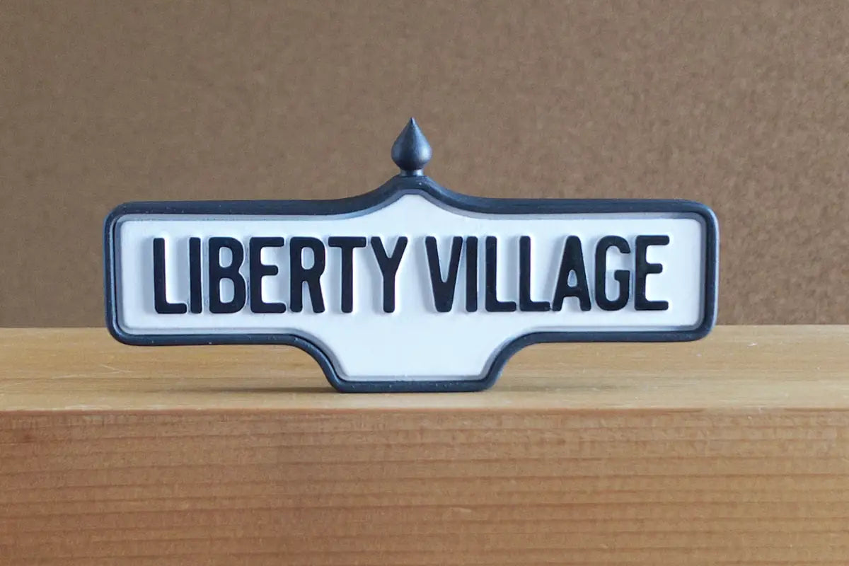 Front view of Liberty Village - Standard Finish, miniature replica Toronto neighbourhood acorn street sign