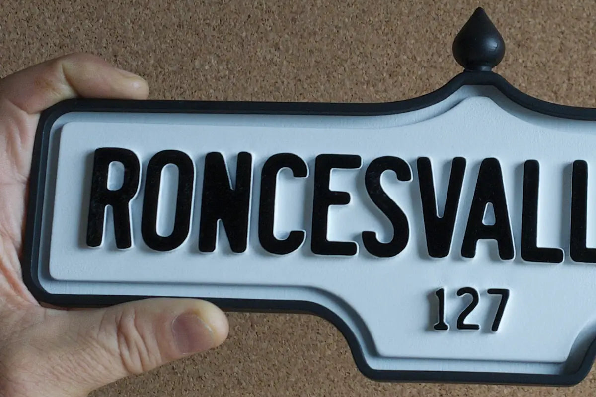 In-hand view of Roncesvalles Av. #127 Wall Sign - Standard Finish, wall-mounted replica Toronto acorn street sign