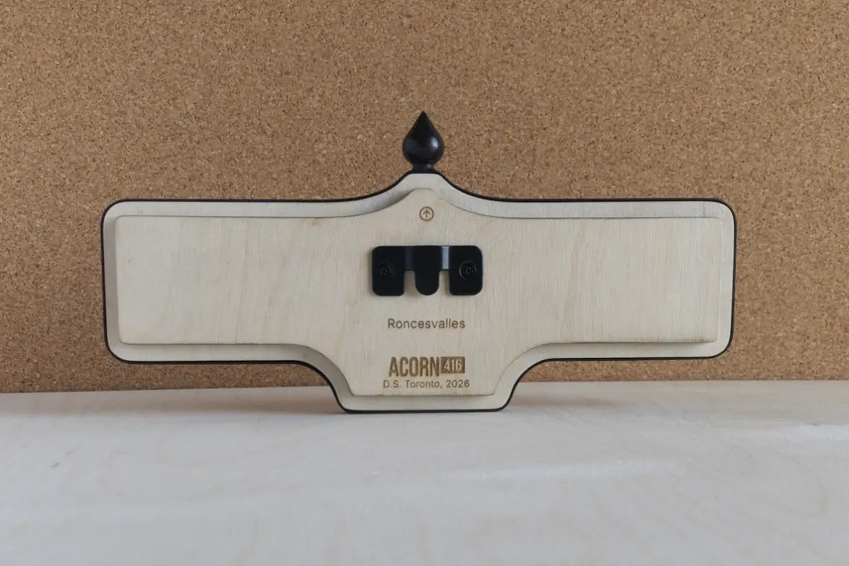 Back view of Roncesvalles Wall Sign - Natural Finish, wall-mounted replica Toronto acorn neighbourhood sign