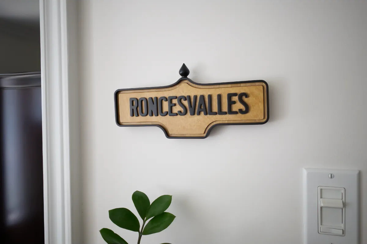 On-wall view of Roncesvalles Wall Sign - Natural Finish, wall-mounted replica Toronto acorn neighbourhood sign