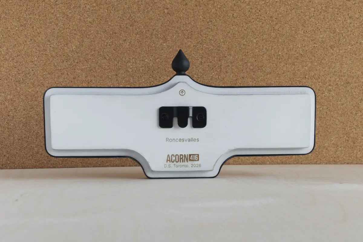 Back view of Roncesvalles Wall Sign - Standard Finish, wall-mounted replica Toronto acorn neighbourhood sign