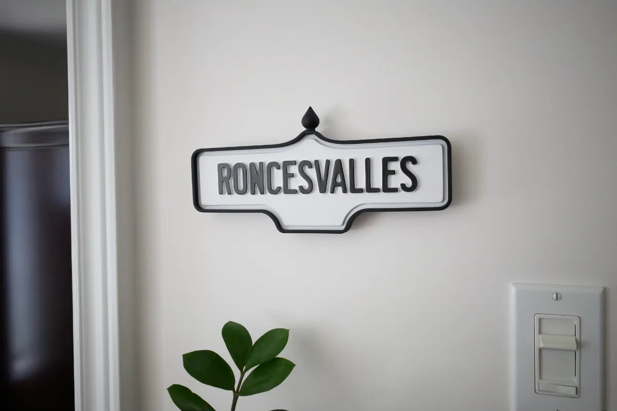 On-wall view of Roncesvalles Wall Sign - Standard Finish, wall-mounted replica Toronto acorn neighbourhood sign