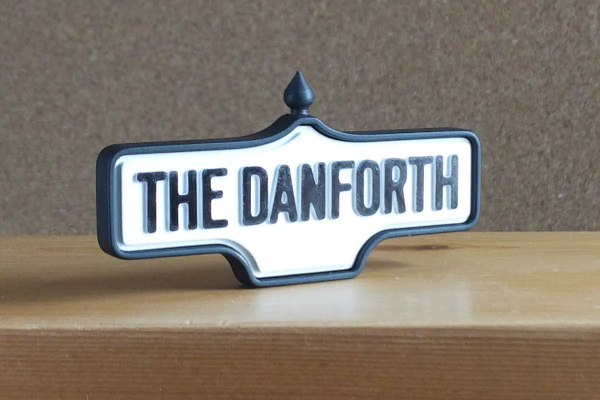 3/4 view of The Danforth - Standard Finish I, miniature replica Toronto neighbourhood acorn street sign