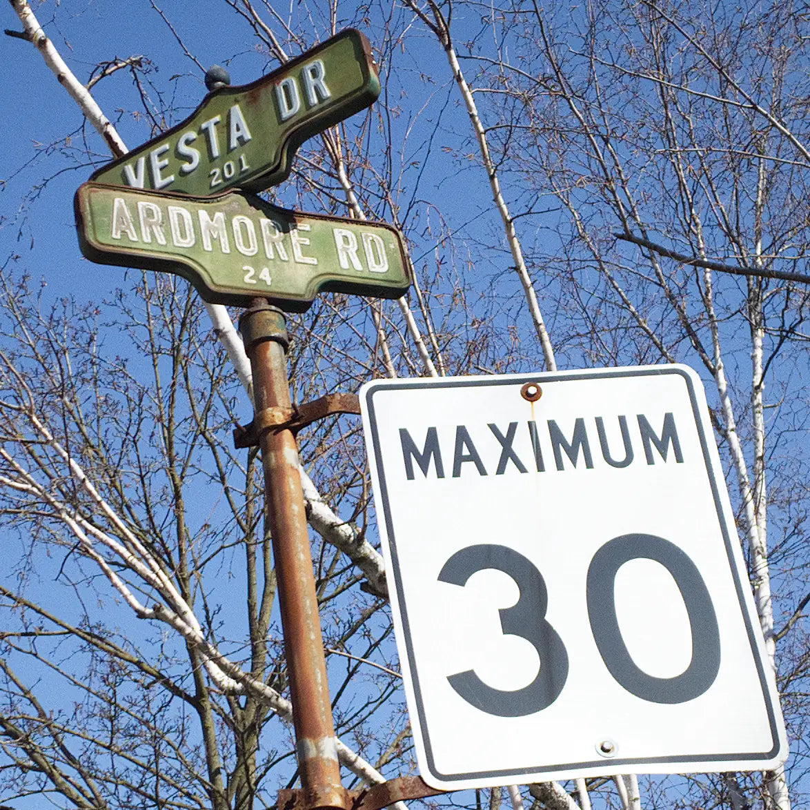 Forest Hill acorn street signs: Vesta Dr. and Ardmore Rd.