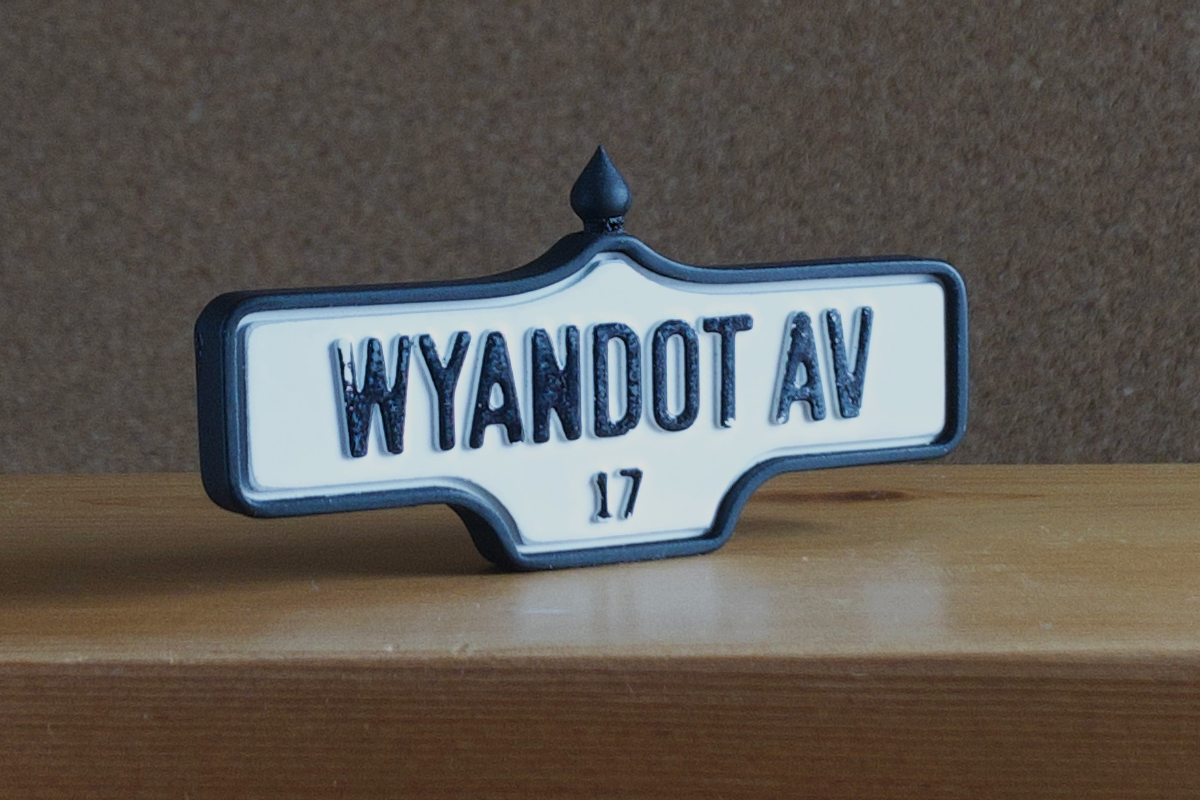 3/4 view of Wyandot Av. # 17 - Weathered Finish, miniature replica Toronto acorn street sign