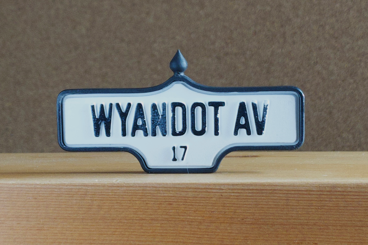 Front view of Wyandot Av. # 17 - Weathered Finish, miniature replica Toronto acorn street sign