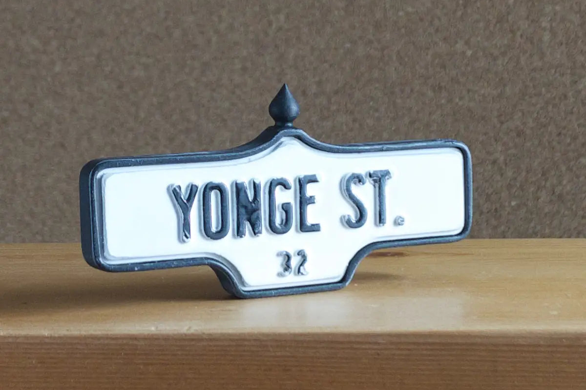 3/4 view of Yonge St. #32 - Weathered Finish I, miniature replica Toronto acorn street sign